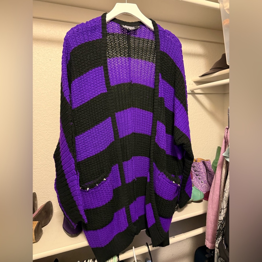 Black and Purple Striped Knit Cardigan Sweater